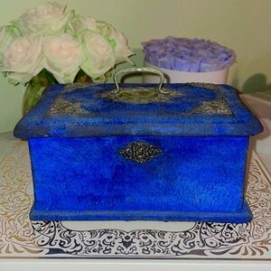 Antique French velvet box with metal trims & button tufting